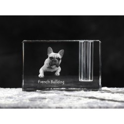 Buldog francuski - kryształowy stojak na długopis z wizerunkiem psa, pamiątka, dekoracja, kolekcja.