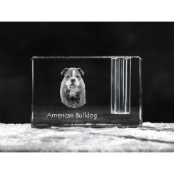Buldog amerykański - kryształowy stojak na długopis z wizerunkiem psa, pamiątka, dekoracja, kolekcja.