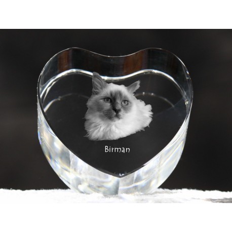 Kot birmański - kryształowe serce z wizerunkiem kota, dekoracja, prezent, kolekcja!