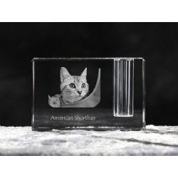 Kot amerykański krótkowłosy - kryształowy stojak na długopis z wizerunkiem kota, pamiątka, dekoracja, kolekcja.