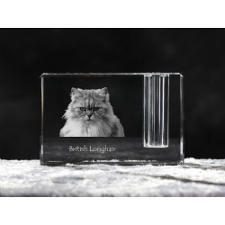 Kot brytyjski długowłosy - kryształowy stojak na długopis z wizerunkiem kota, pamiątka, dekoracja, kolekcja.