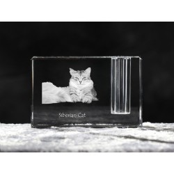 Kot syberyjski - kryształowy stojak na długopis z wizerunkiem kota, pamiątka, dekoracja, kolekcja.